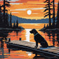 black labrador sitting on a wooden dock by a lake at an orange sunset, paint by numbers kit