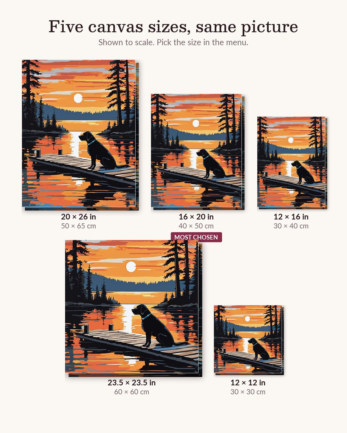 Black Labrador on the Dock canvas sizes from 12 x 12 to 23.5 x 23.5 inches