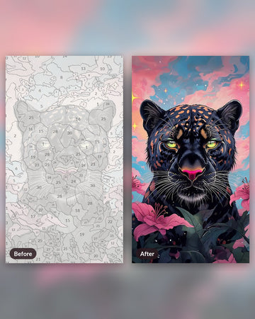 Black Panther With Pink Lilies paint by numbers kit, before and after