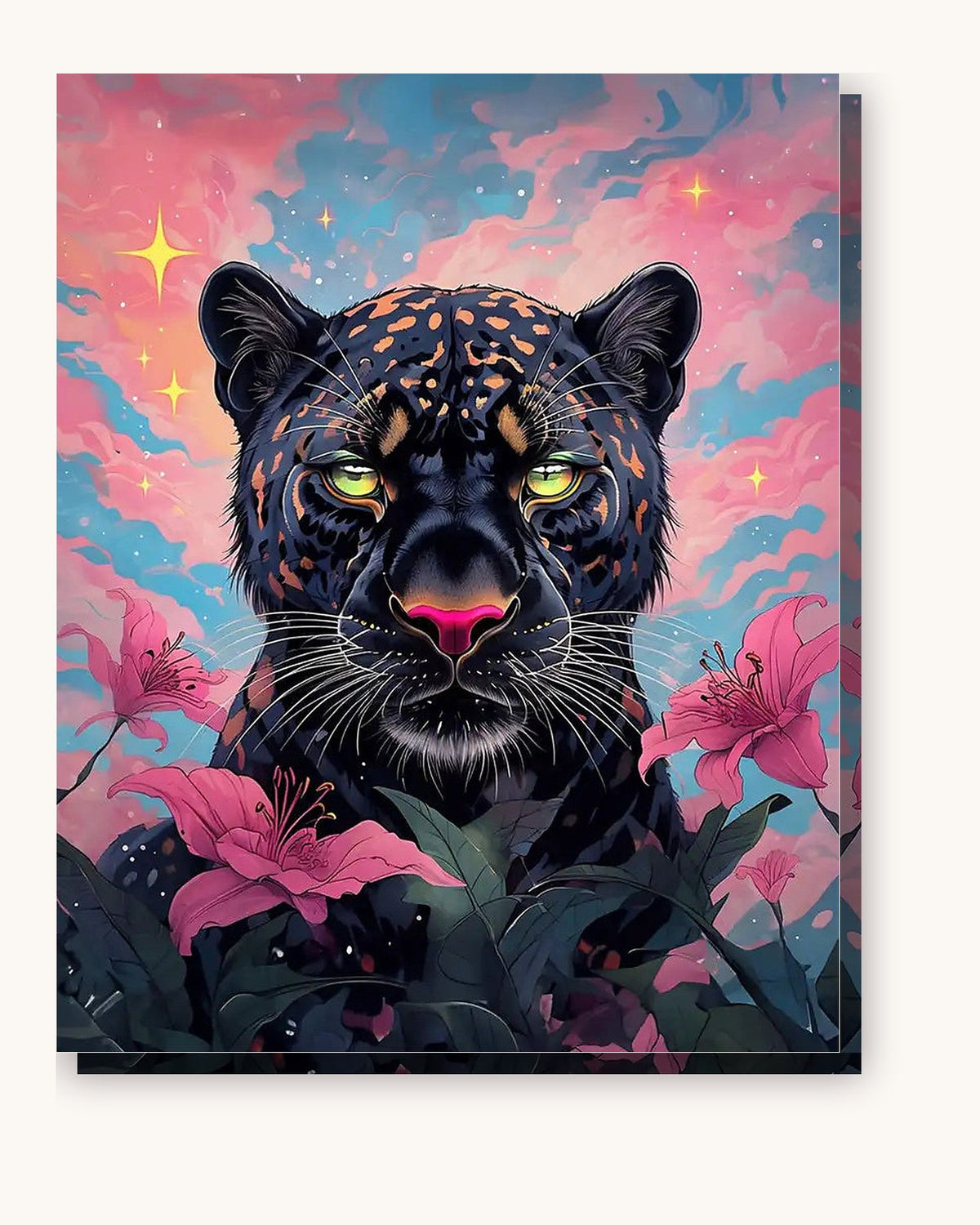 Black Panther With Pink Lilies paint by numbers kit on stretched canvas