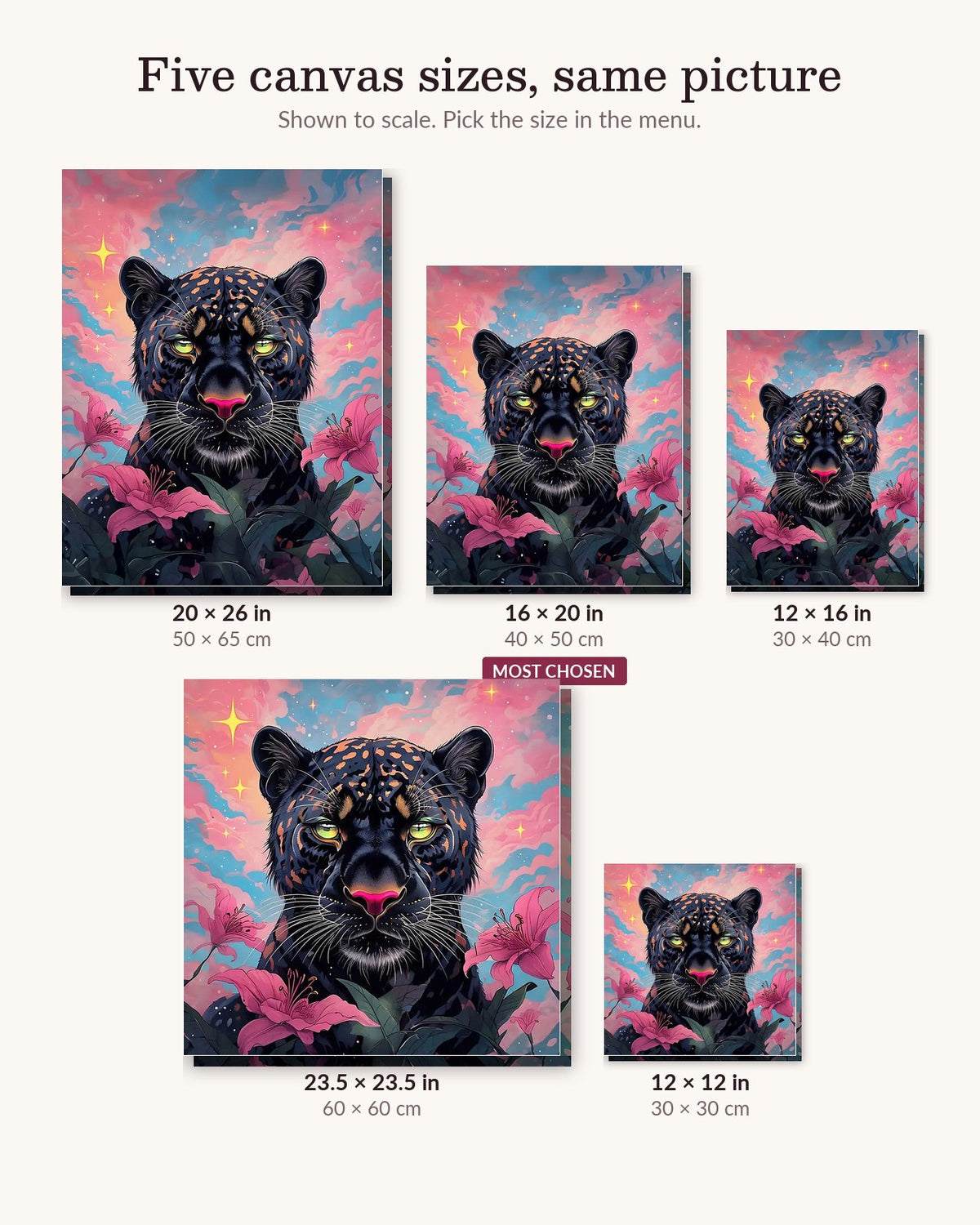 Black Panther With Pink Lilies canvas sizes from 12 x 12 to 23.5 x 23.5 inches