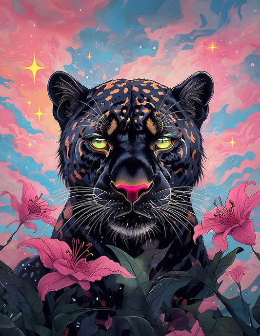 Black Panther With Pink Lilies - Premium Art Kit