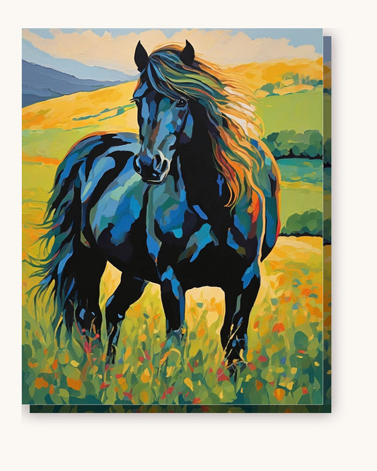 Black Stallion in the Golden Meadow paint by numbers kit on stretched canvas
