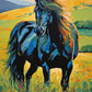black stallion with a flowing mane standing in a golden wildflower meadow, paint by numbers kit