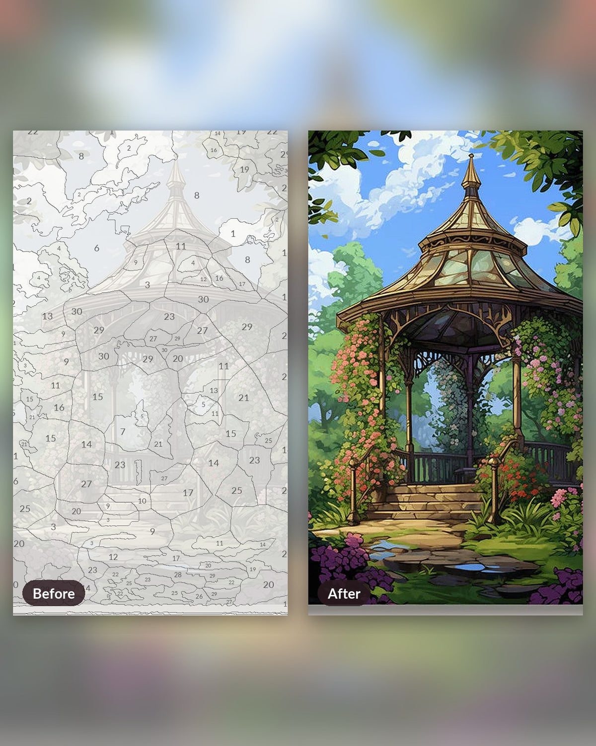 Garden Gazebo paint by numbers kit, before and after