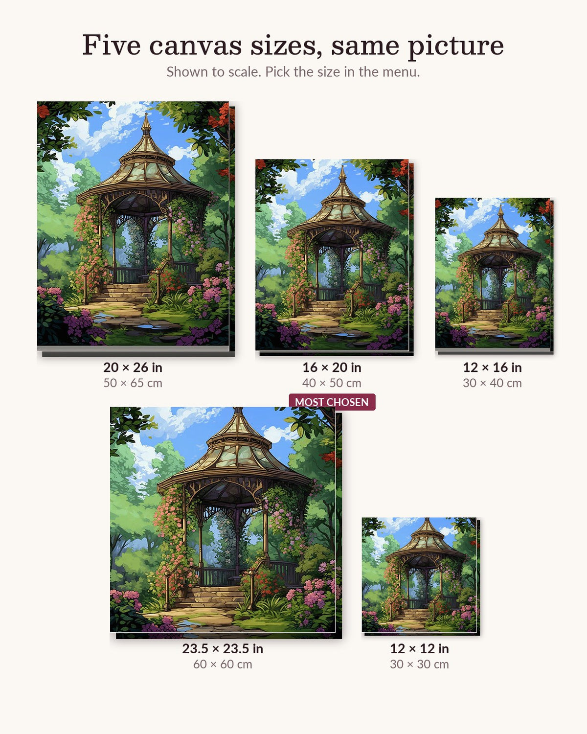 Garden Gazebo canvas sizes from 12 x 12 to 23.5 x 23.5 inches