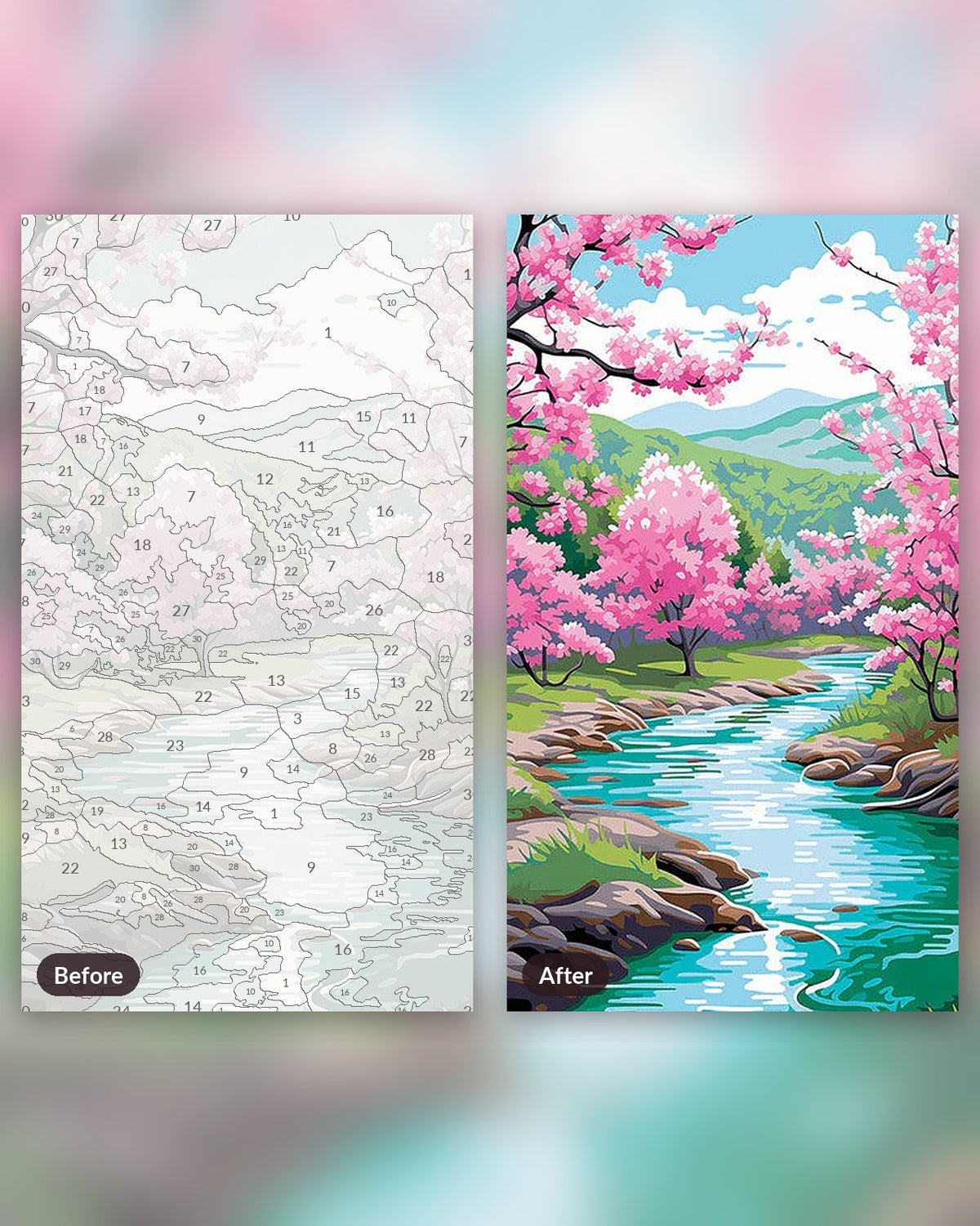 Blossom River Trail paint by numbers kit, before and after