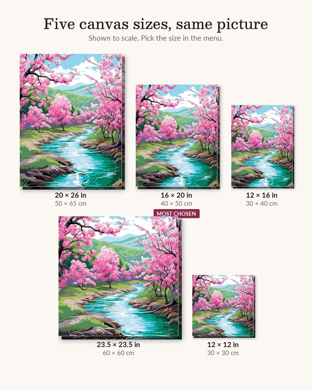 Blossom River Trail canvas sizes from 12 x 12 to 23.5 x 23.5 inches