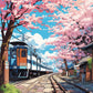 Blossom Station anime paint by numbers kit, Japanese train station platform under cherry blossoms