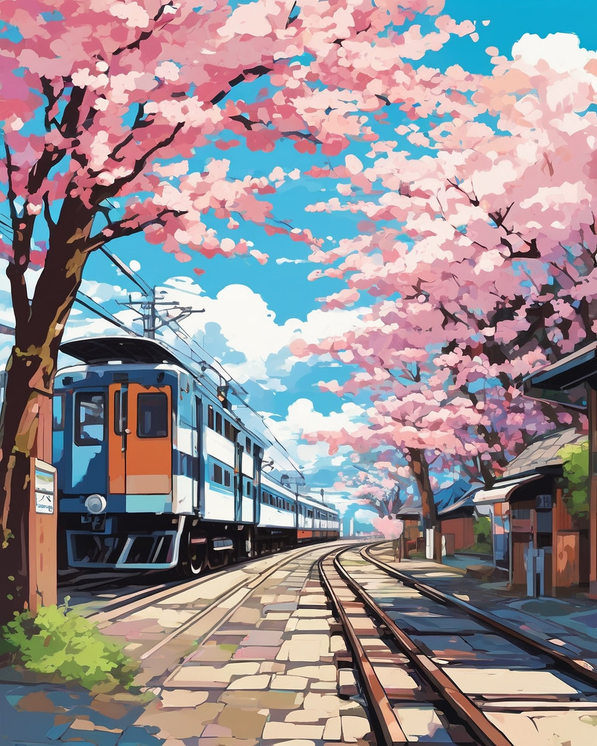 Blossom Station anime paint by numbers kit, Japanese train station platform under cherry blossoms