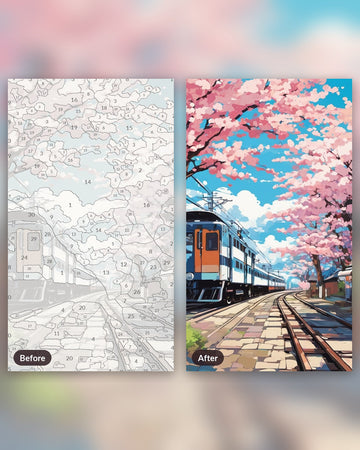 Blossom Station paint by numbers kit, before and after