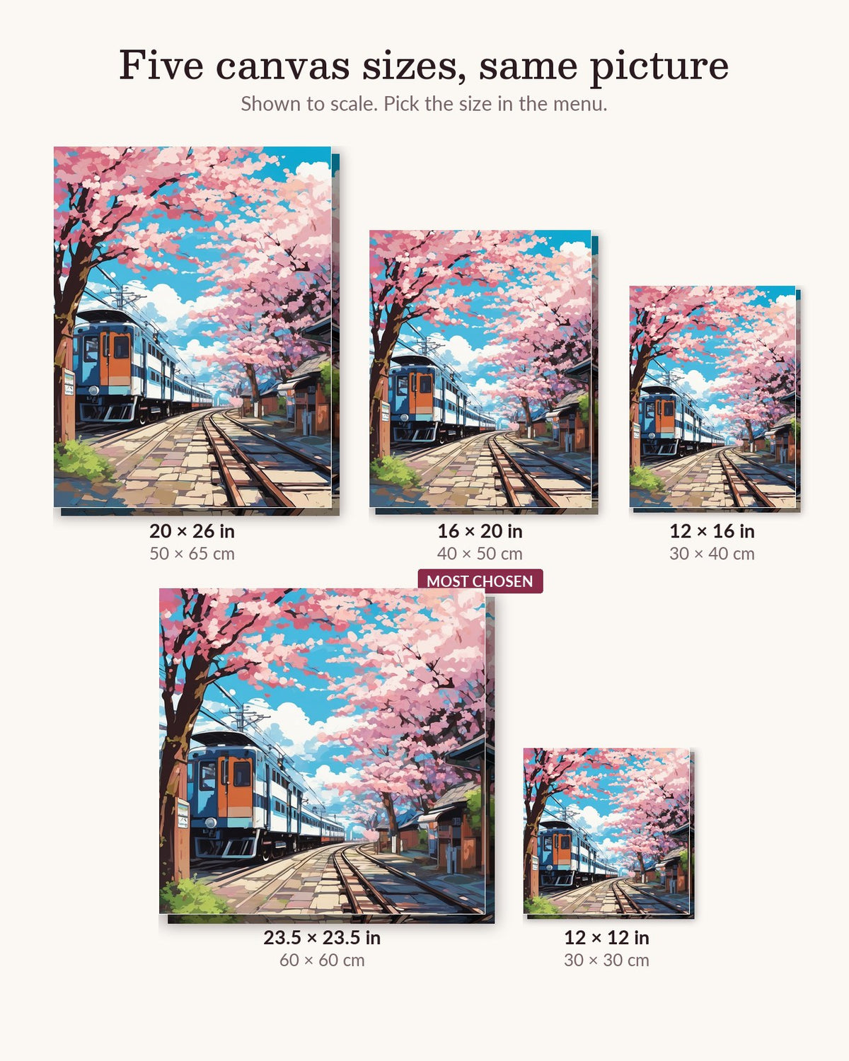 Blossom Station canvas sizes from 12 x 12 to 23.5 x 23.5 inches