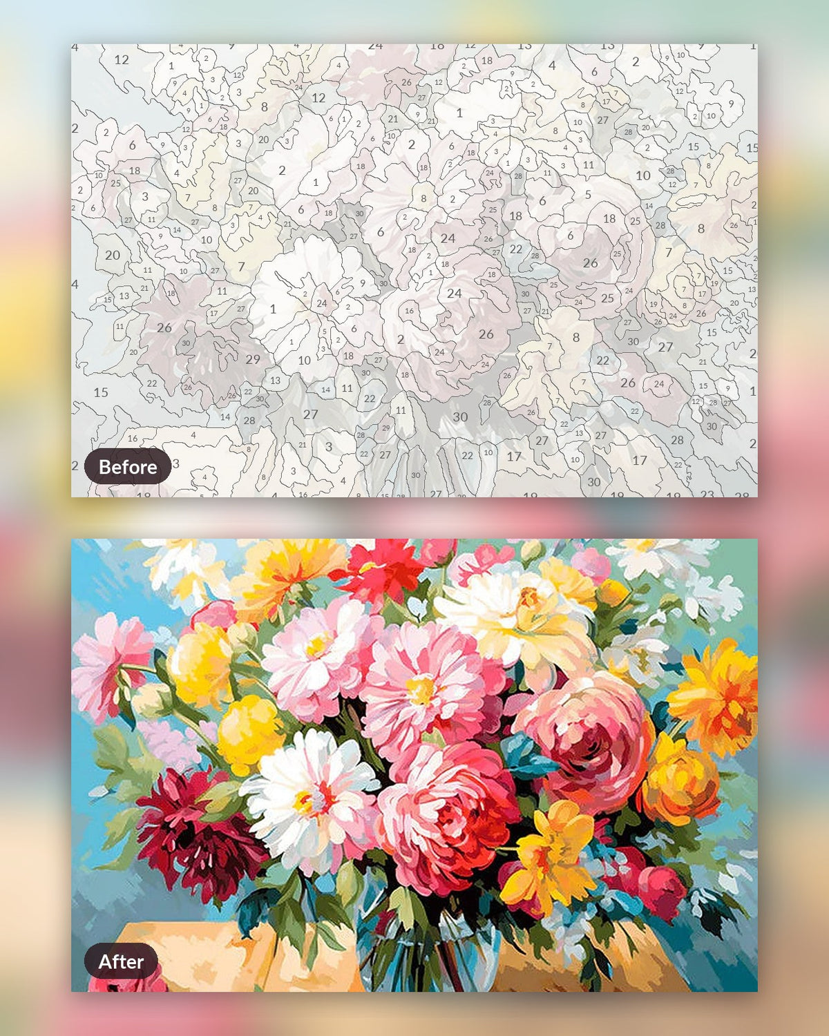 Blossom Still Life paint by numbers kit, before and after