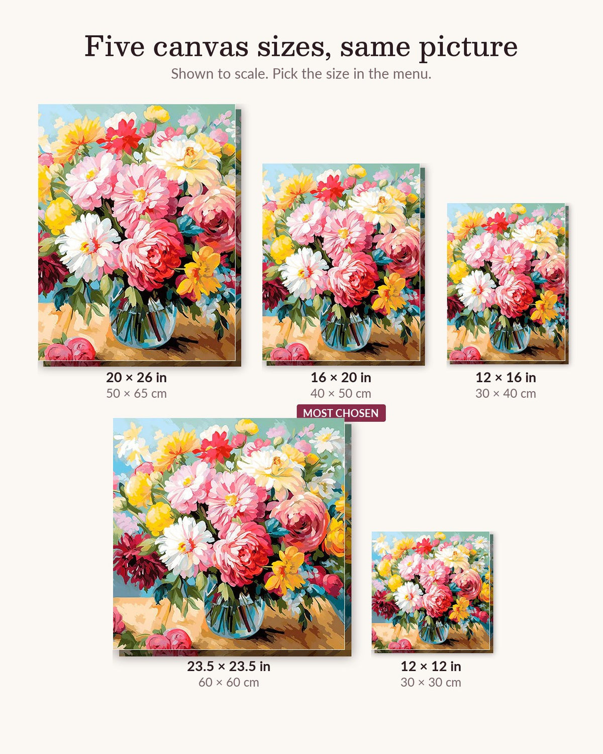 Blossom Still Life canvas sizes from 12 x 12 to 23.5 x 23.5 inches
