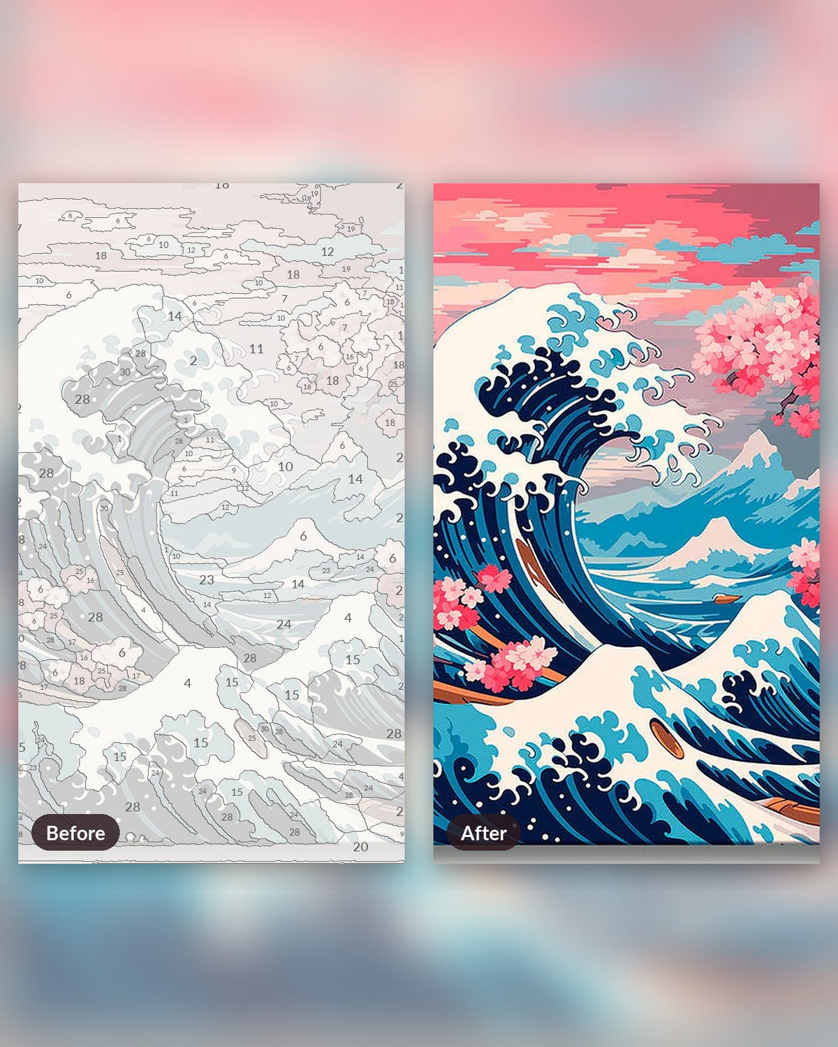 Wave of Flowers paint by numbers kit, before and after