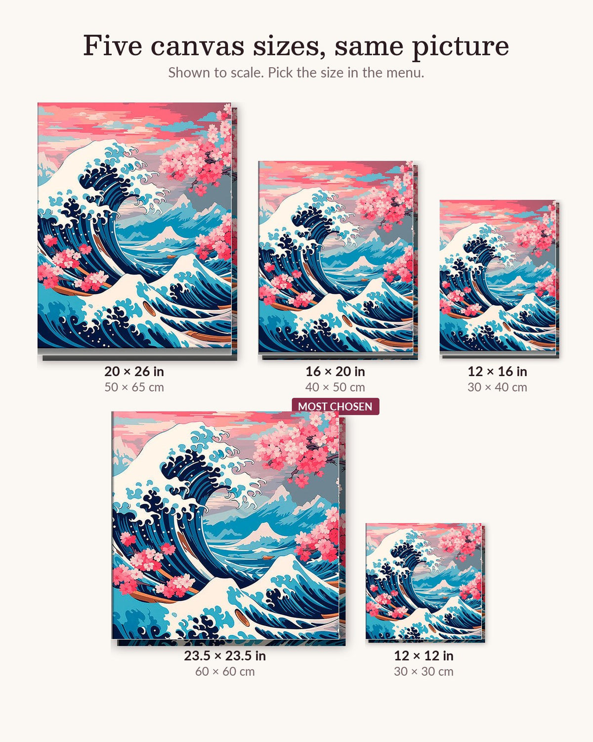 Wave of Flowers canvas sizes from 12 x 12 to 23.5 x 23.5 inches