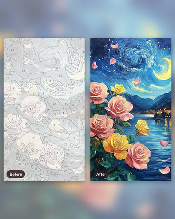 Blossoming Dawn paint by numbers kit, before and after