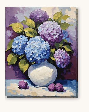 Blue and Purple Hydrangeas in White Vase paint by numbers kit on stretched canvas
