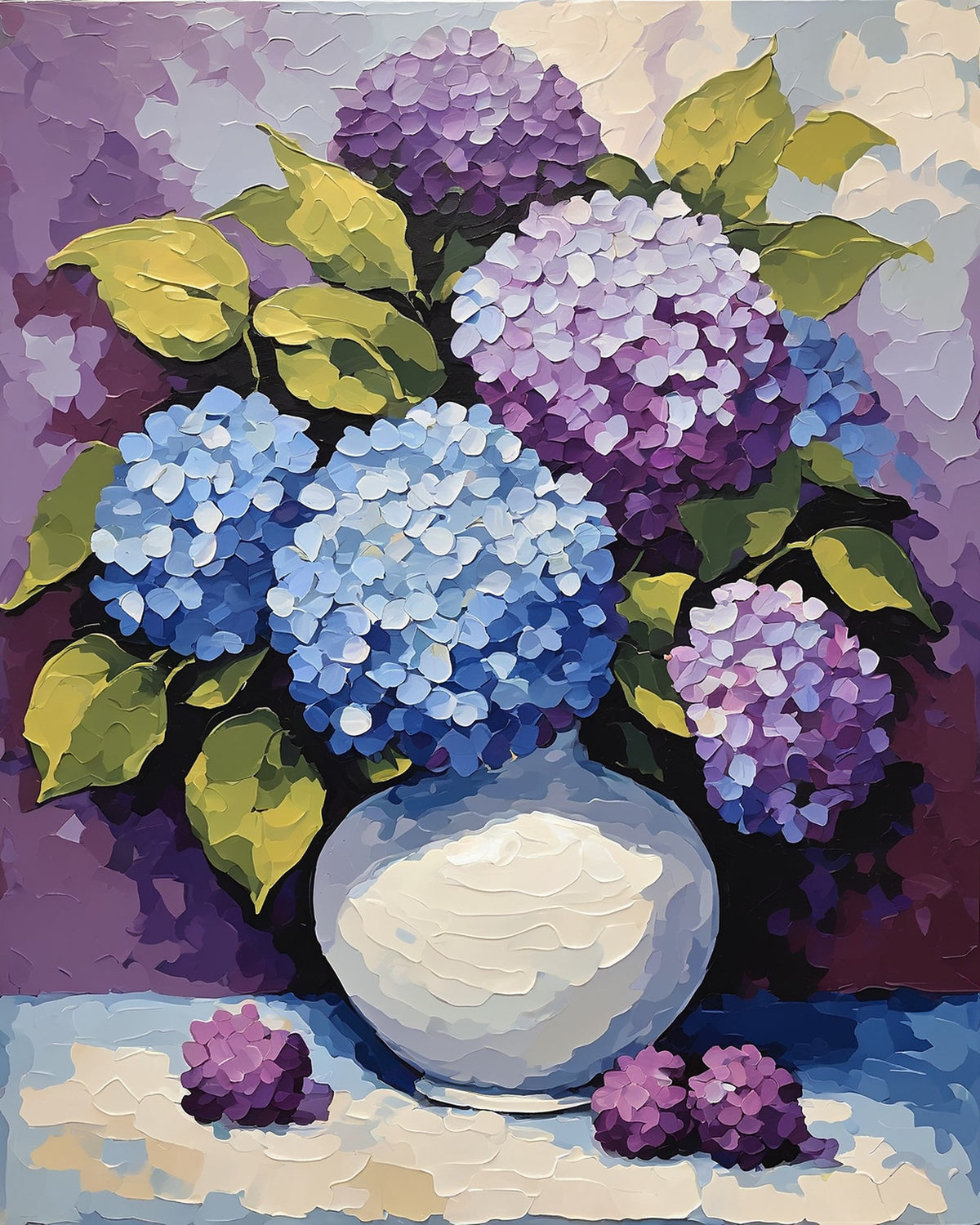 blue and purple hydrangeas in a white ceramic vase with green leaves on a table, paint by numbers kit
