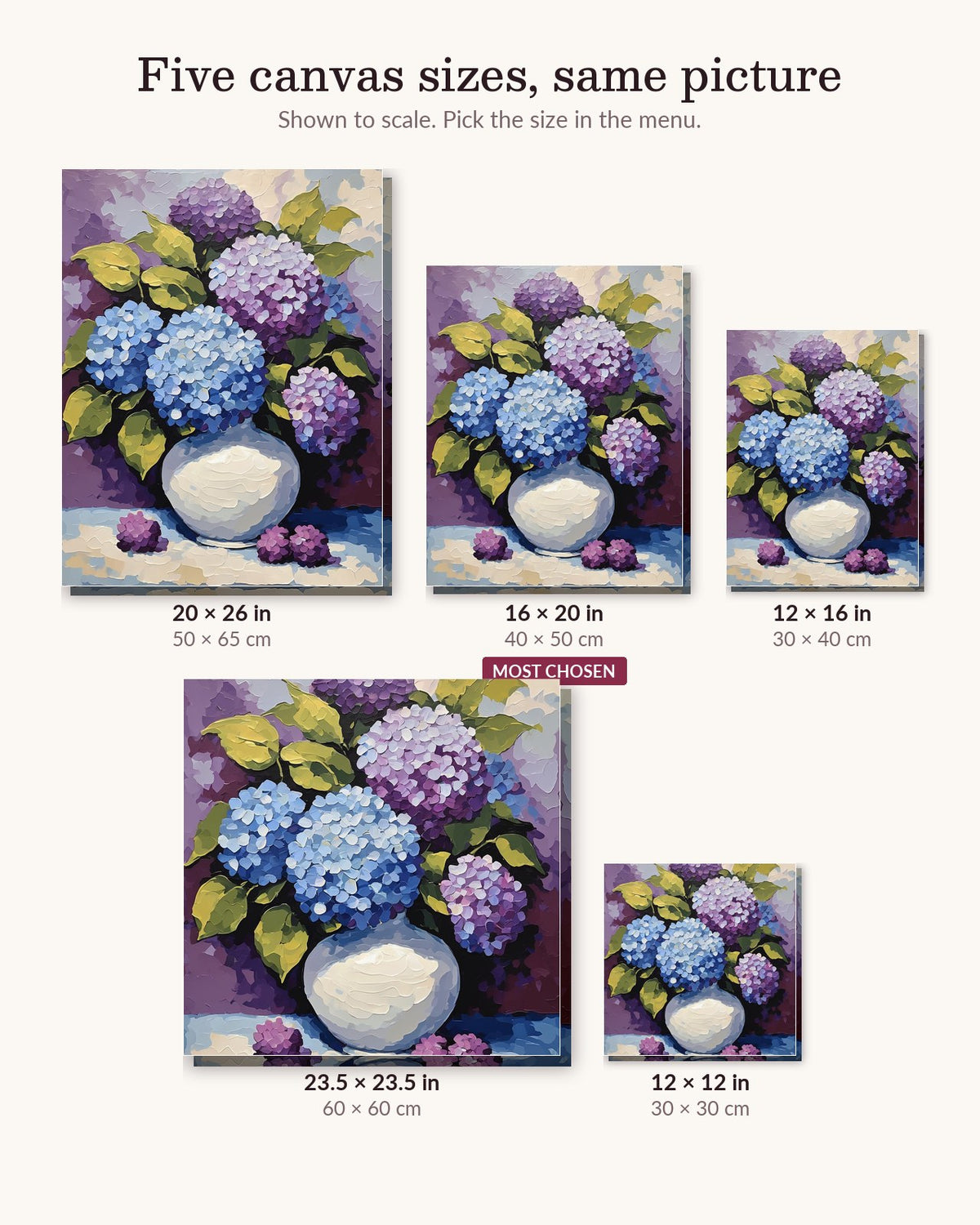 Blue and Purple Hydrangeas in White Vase canvas sizes from 12 x 12 to 23.5 x 23.5 inches