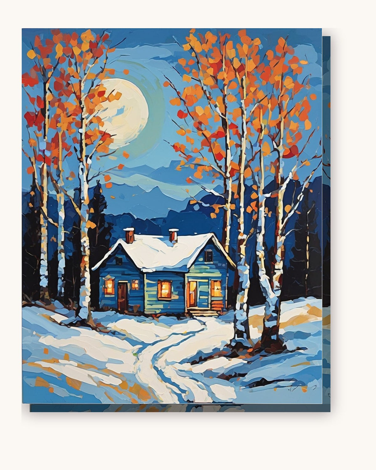 Blue Cabin and Birch Trees at Twilight paint by numbers kit on stretched canvas