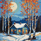 small blue cabin with a snowy roof among white birch trees with orange leaves under a pale moon, paint by numbers kit