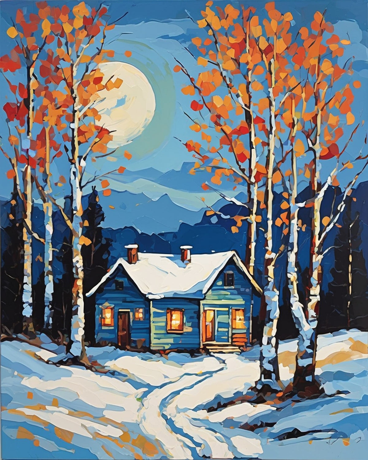 small blue cabin with a snowy roof among white birch trees with orange leaves under a pale moon, paint by numbers kit