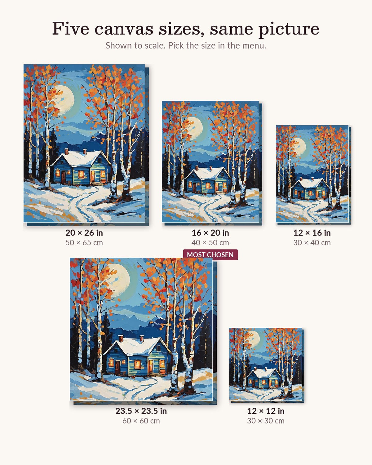 Blue Cabin and Birch Trees at Twilight canvas sizes from 12 x 12 to 23.5 x 23.5 inches