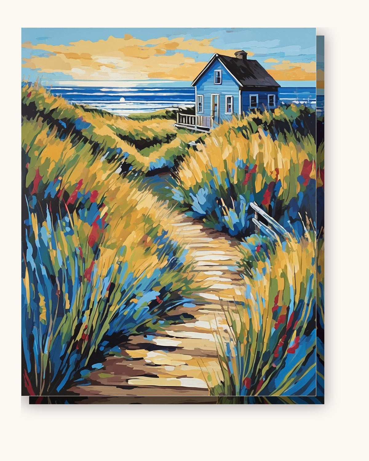 Blue Cottage above the Dunes paint by numbers kit on stretched canvas