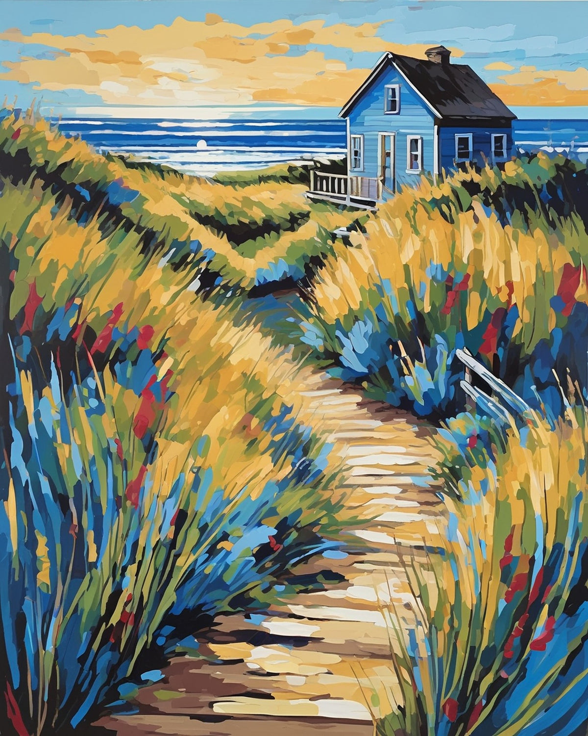 blue beach cottage above a sandy path through tall dune grass with the ocean behind, paint by numbers kit