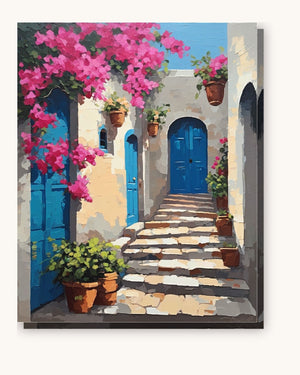 Blue Doors and Bougainvillea Steps paint by numbers kit on stretched canvas