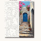 Blue Doors and Bougainvillea Steps numbered canvas next to the finished painting