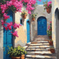 stone steps leading to blue doors with pink bougainvillea and terracotta pots, paint by numbers kit