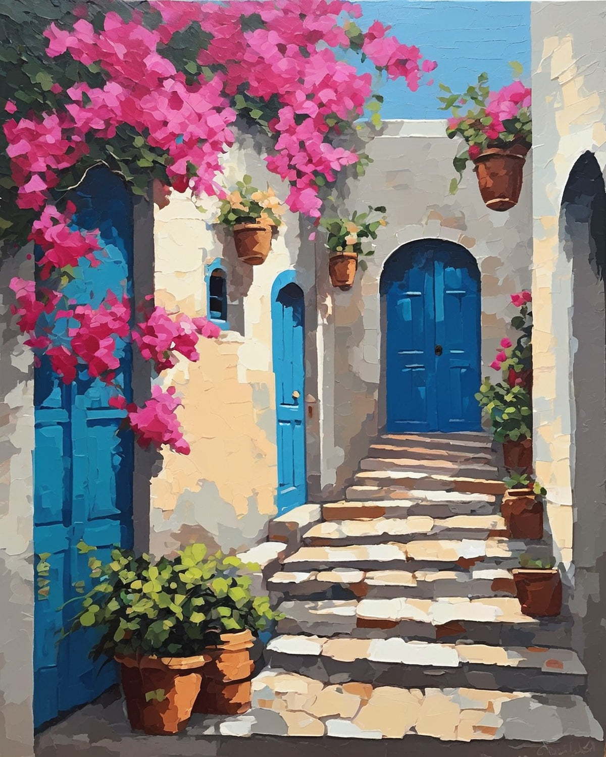 stone steps leading to blue doors with pink bougainvillea and terracotta pots, paint by numbers kit