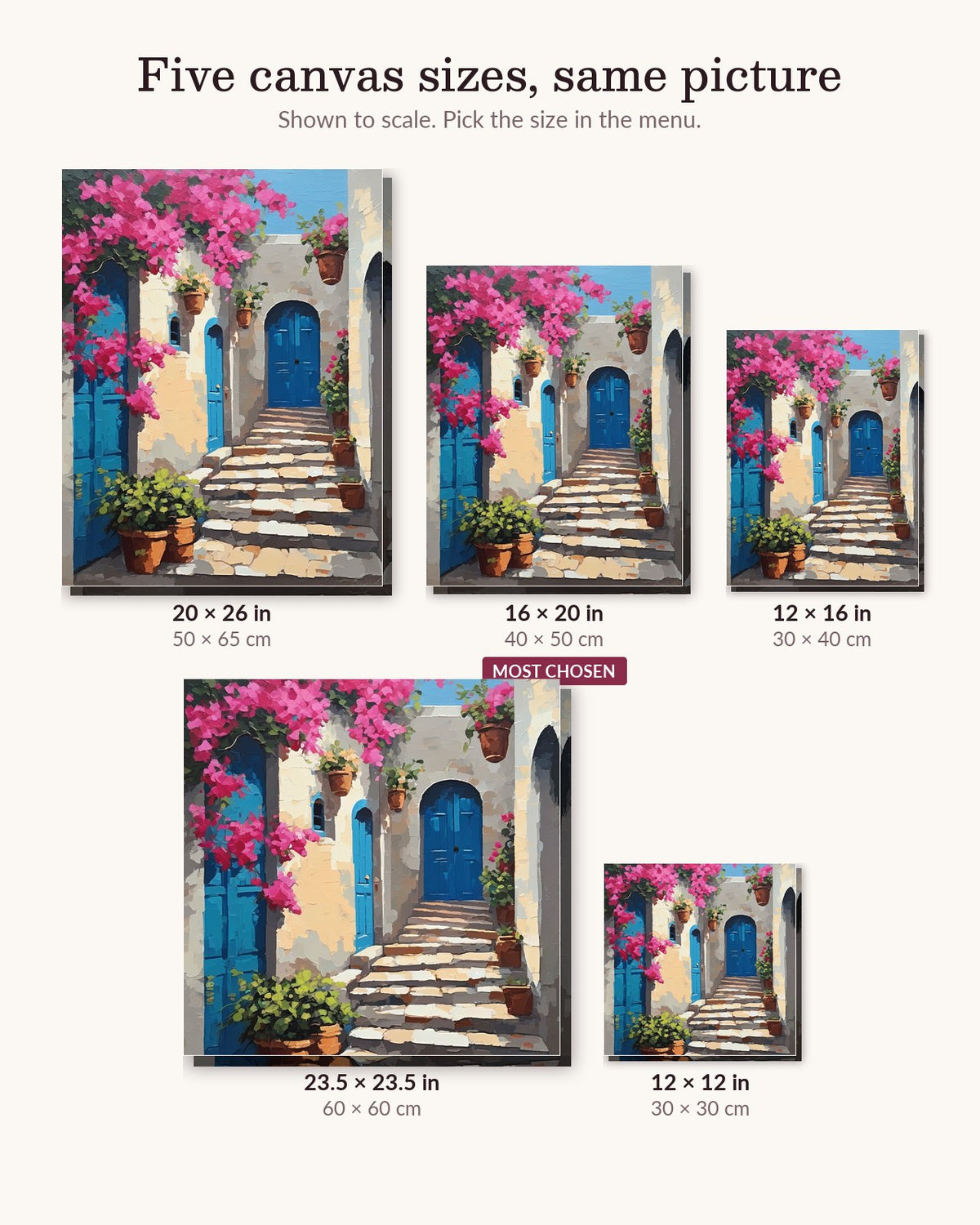 Blue Doors and Bougainvillea Steps canvas sizes from 12 x 12 to 23.5 x 23.5 inches