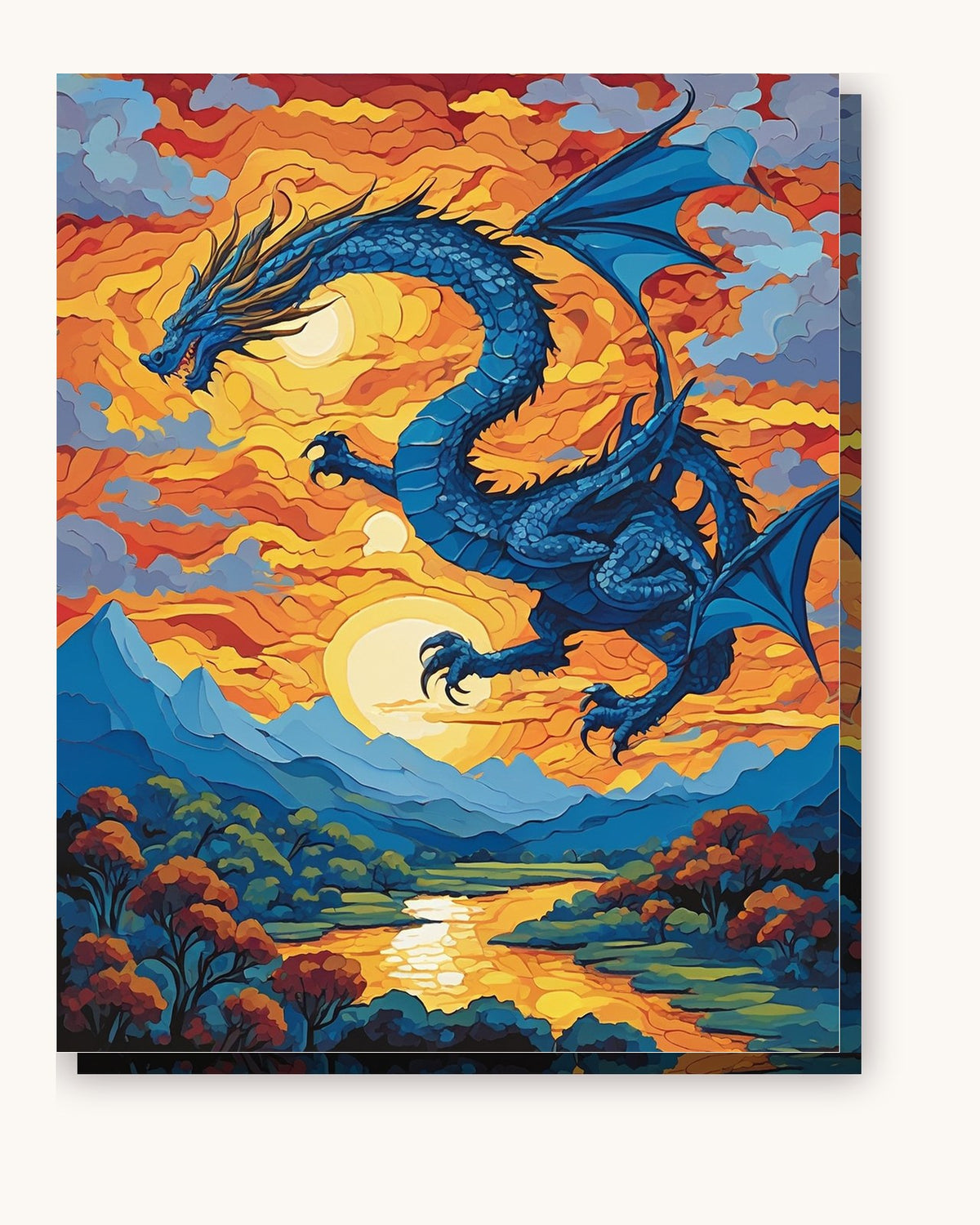 Blue Dragon Over a Sunset Valley paint by numbers kit on stretched canvas