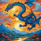 blue dragon with open wings flying through orange sunset clouds above a river valley and mountains, paint by numbers kit