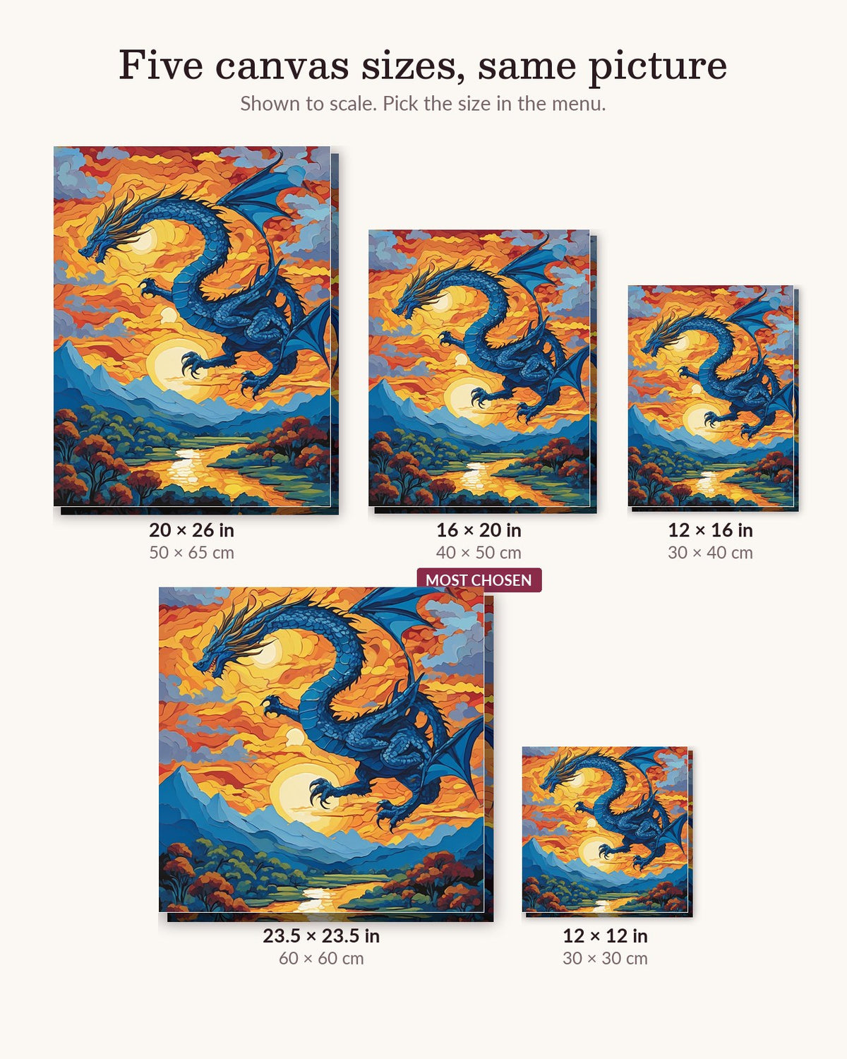 Blue Dragon Over a Sunset Valley canvas sizes from 12 x 12 to 23.5 x 23.5 inches