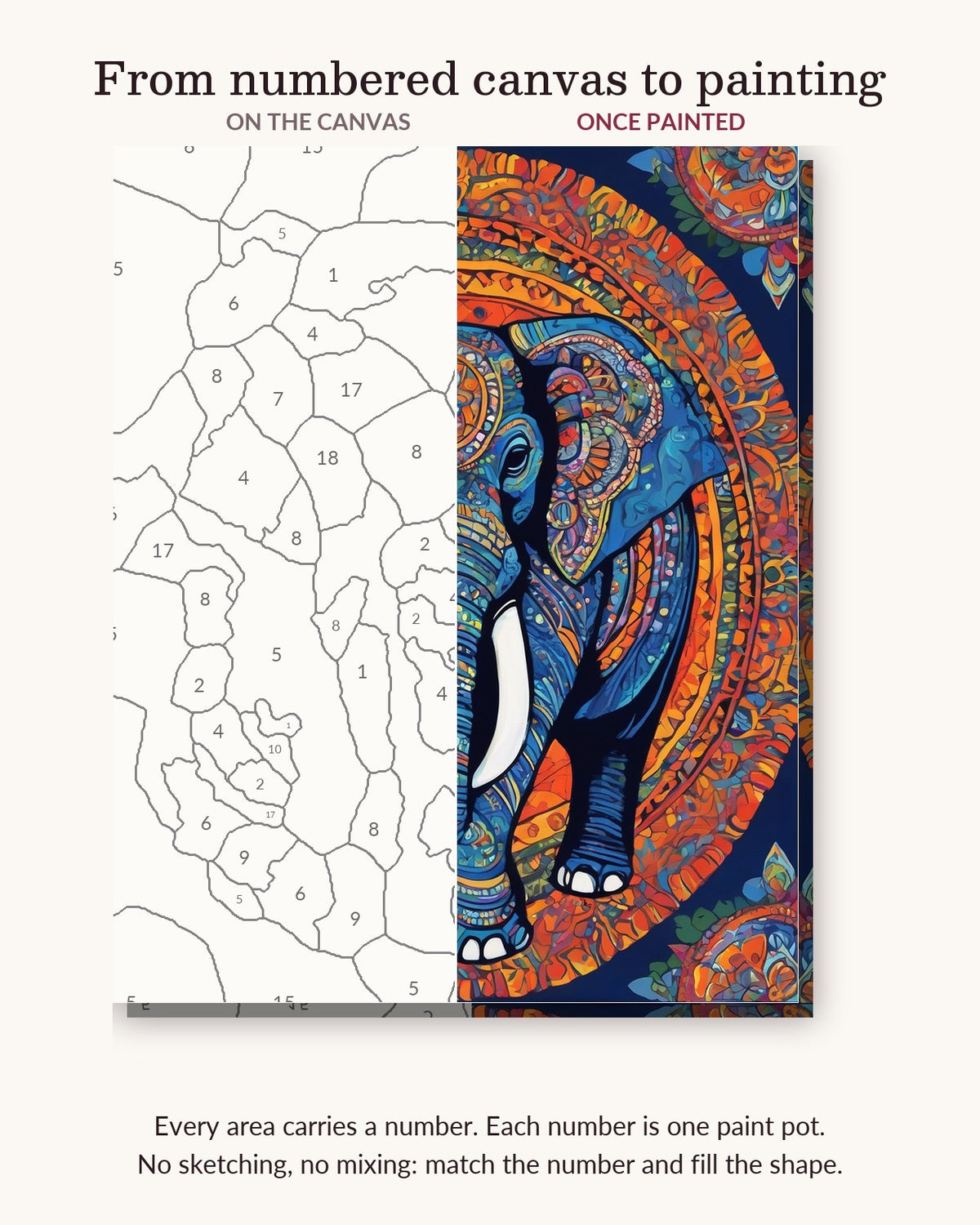 Blue Elephant with Mandala Patterns numbered canvas next to the finished painting