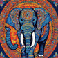 blue elephant with white tusks and mandala patterns inside an orange circular frame on a dark blue background, paint by numbers kit