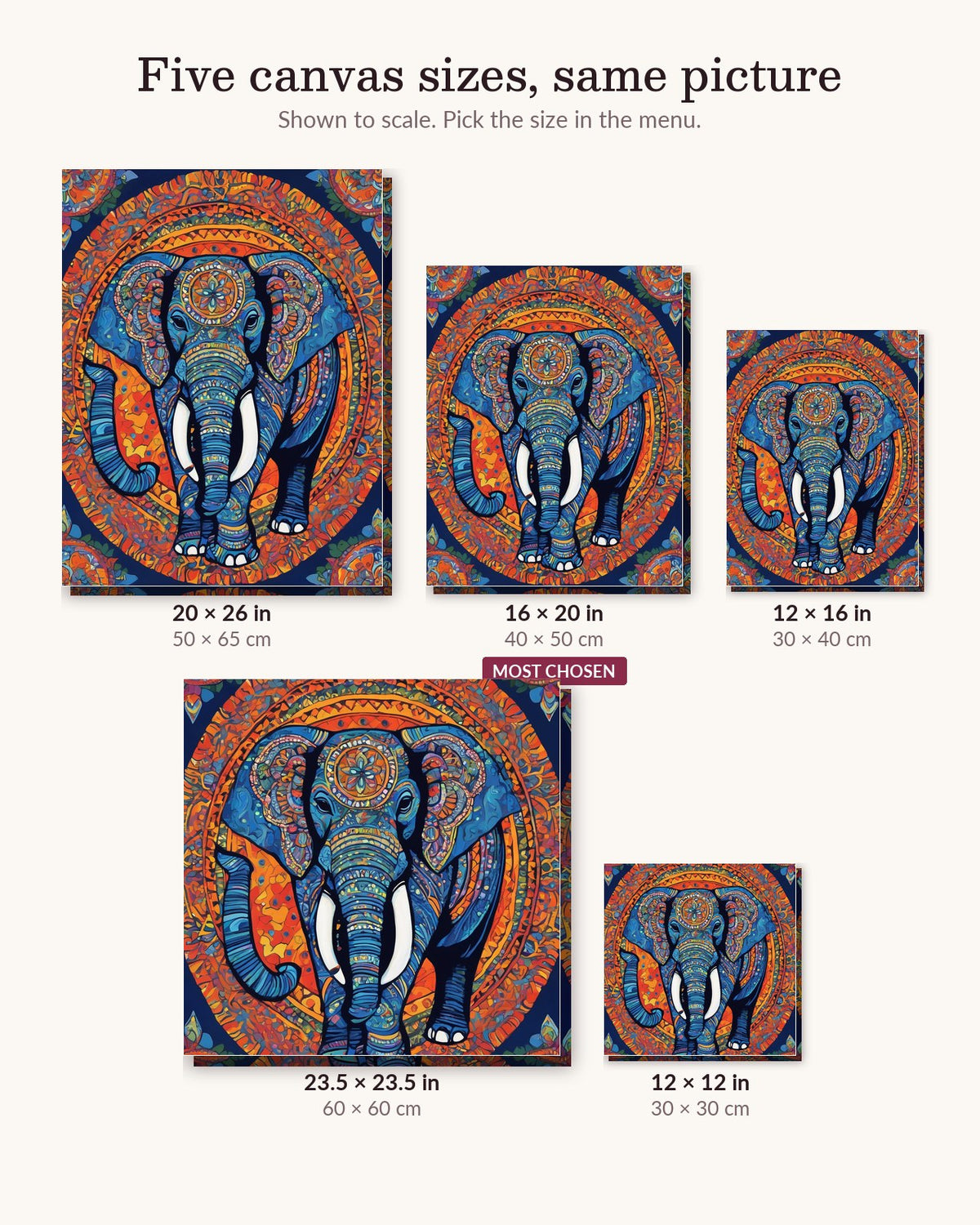 Blue Elephant with Mandala Patterns canvas sizes from 12 x 12 to 23.5 x 23.5 inches