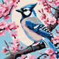 blue jay perched on a branch with pink cherry blossoms against a light blue sky, paint by numbers kit
