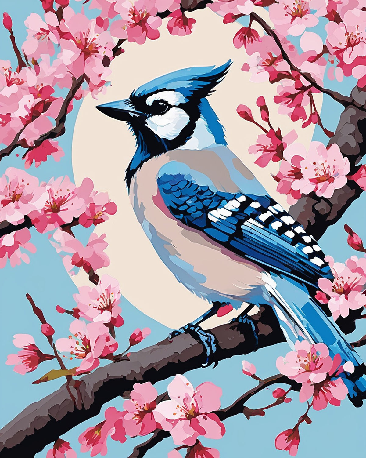 blue jay perched on a branch with pink cherry blossoms against a light blue sky, paint by numbers kit