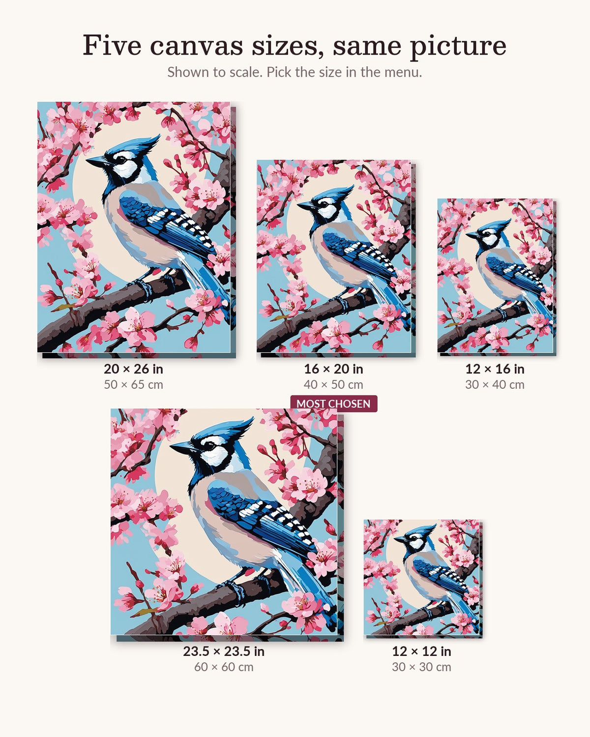 Blue Jay on a Cherry Branch canvas sizes from 12 x 12 to 23.5 x 23.5 inches