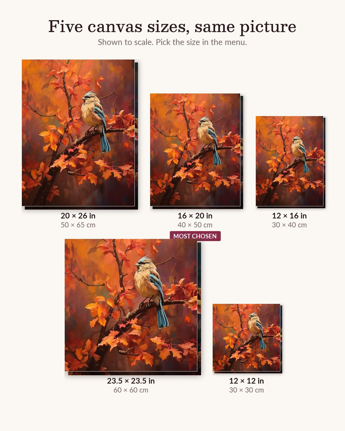 Blue Jay canvas sizes from 12 x 12 to 23.5 x 23.5 inches
