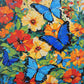 four blue morpho butterflies on red orange and yellow flowers with green leaves, paint by numbers kit