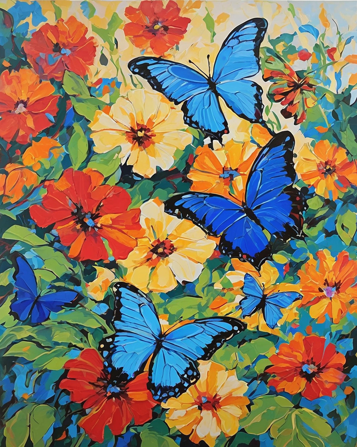four blue morpho butterflies on red orange and yellow flowers with green leaves, paint by numbers kit