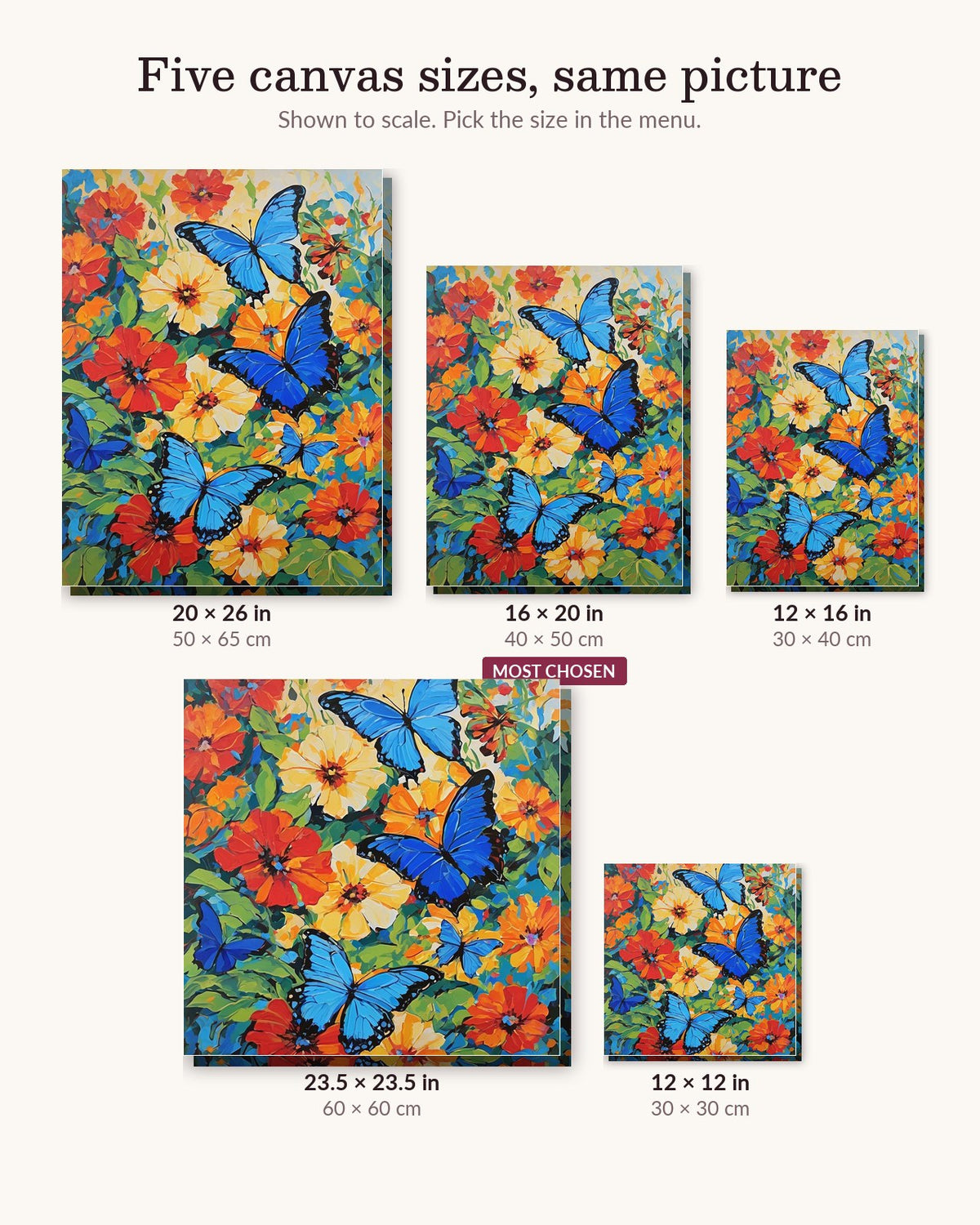 Blue Morpho Butterflies Among Flowers canvas sizes from 12 x 12 to 23.5 x 23.5 inches