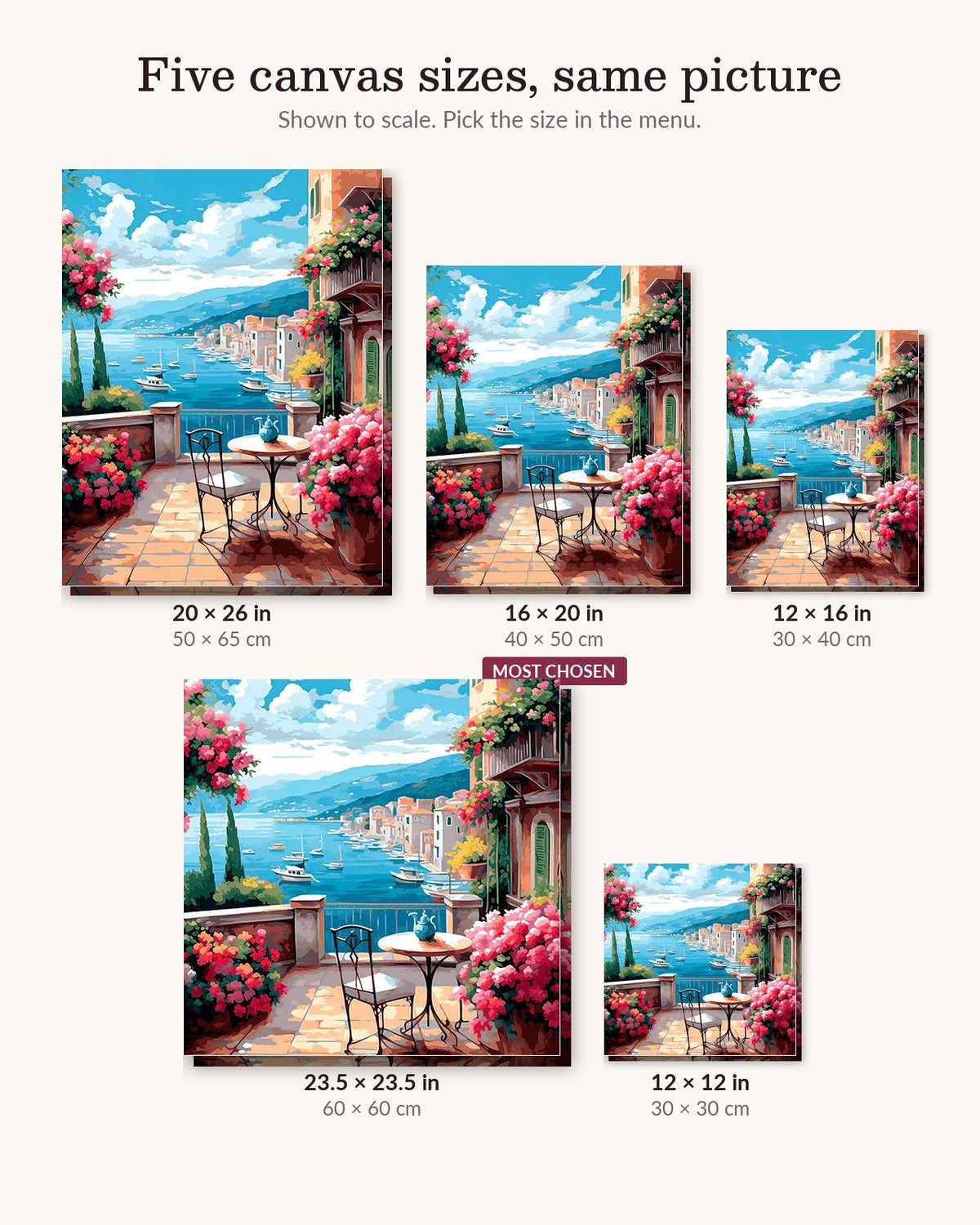 Blue Sky Harbor canvas sizes from 12 x 12 to 23.5 x 23.5 inches