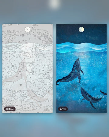 Blue Whales paint by numbers kit, before and after